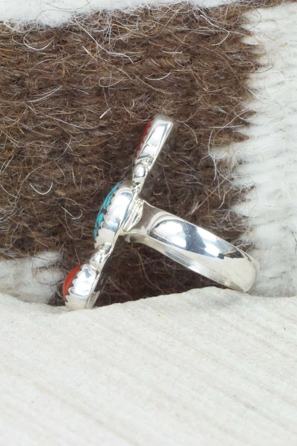 Turquoise, Coral & Sterling Silver Ring - Priscilla Reeder - Size 7.5