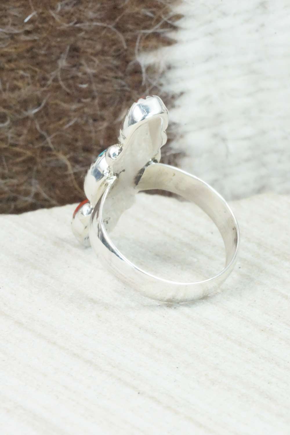 Turquoise, Coral & Sterling Silver Ring - Priscilla Reeder - Size 7.5