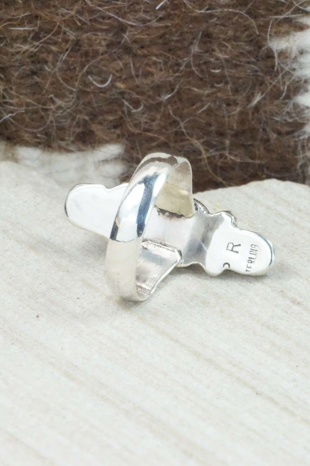 Turquoise, Coral & Sterling Silver Ring - Priscilla Reeder - Size 7.5