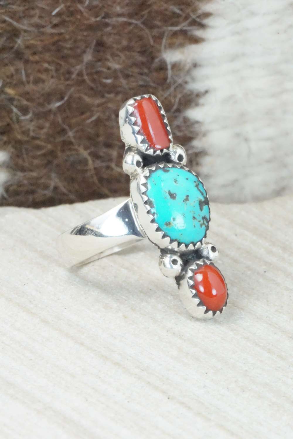 Turquoise, Coral & Sterling Silver Ring - Priscilla Reeder - Size 7.5