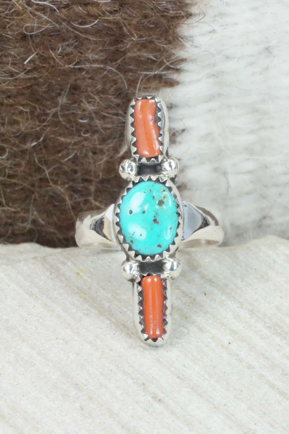 Turquoise, Coral & Sterling Silver Ring - Priscilla Reeder - Size 7.25