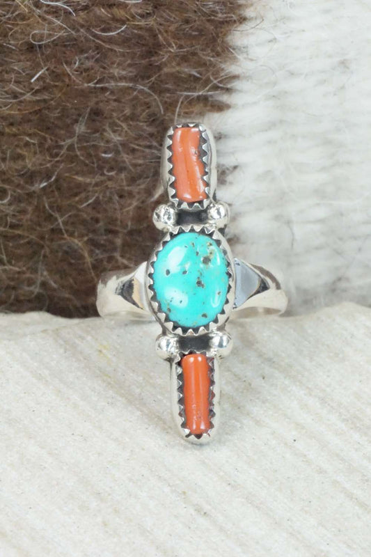 Turquoise, Coral & Sterling Silver Ring - Priscilla Reeder - Size 7.25