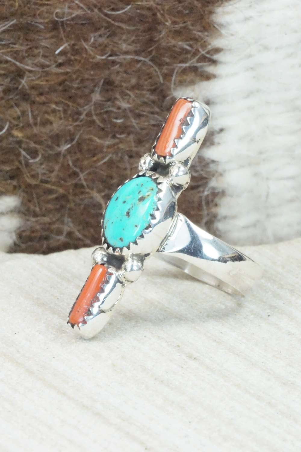 Turquoise, Coral & Sterling Silver Ring - Priscilla Reeder - Size 7.25
