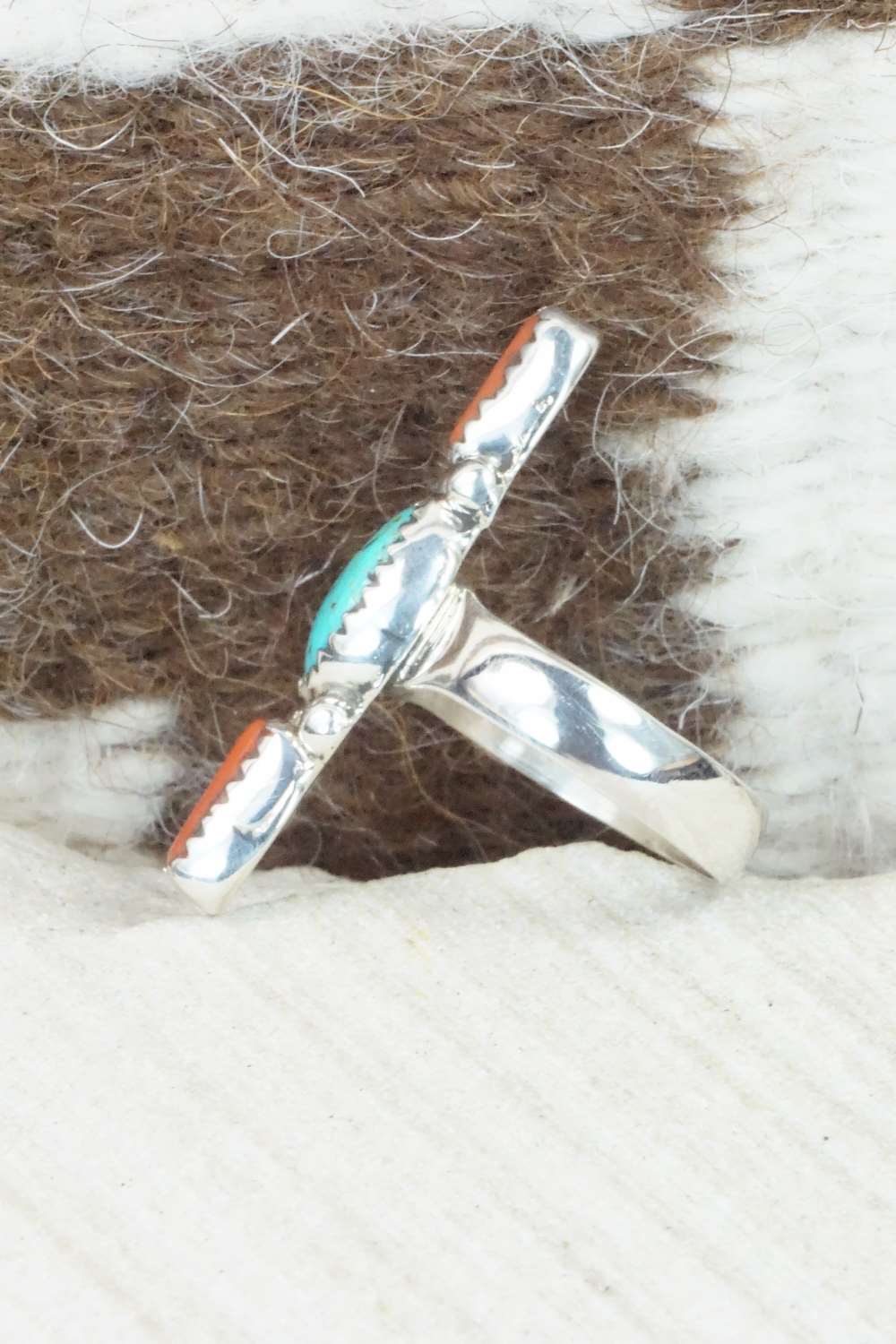 Turquoise, Coral & Sterling Silver Ring - Priscilla Reeder - Size 7.25