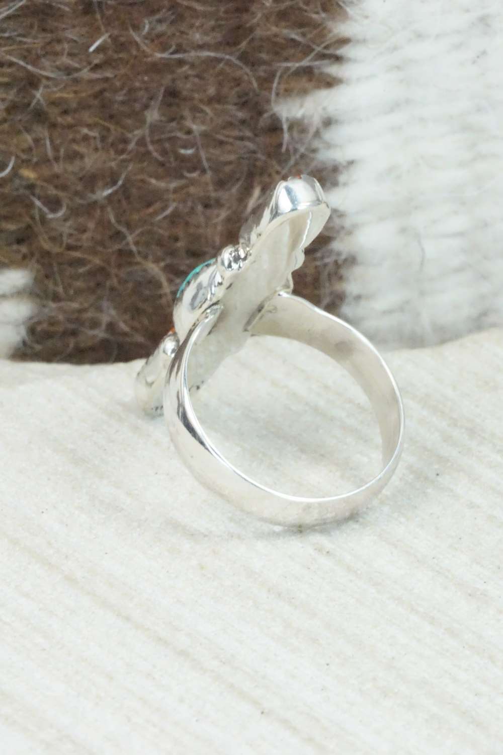 Turquoise, Coral & Sterling Silver Ring - Priscilla Reeder - Size 7.25