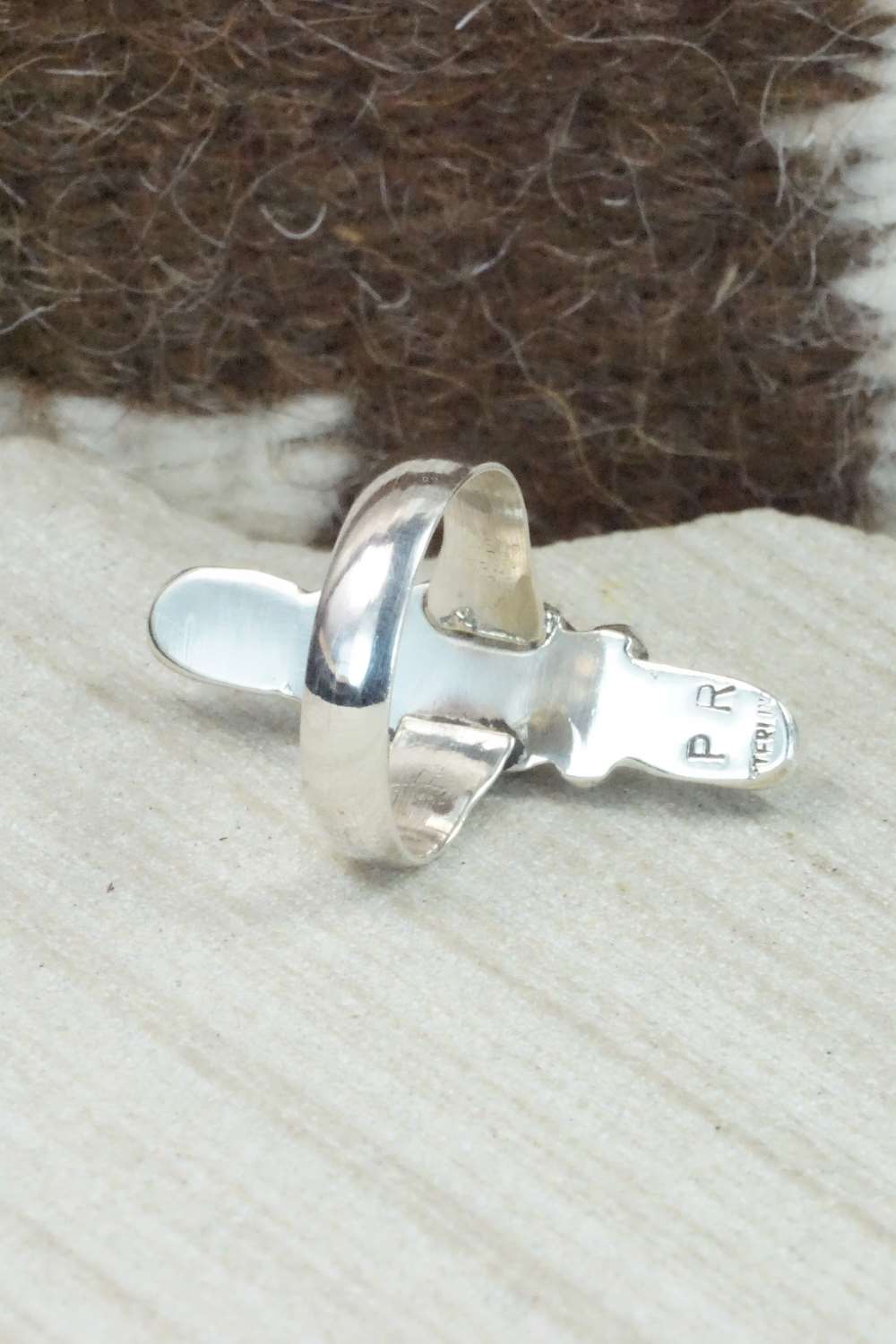 Turquoise, Coral & Sterling Silver Ring - Priscilla Reeder - Size 7.25