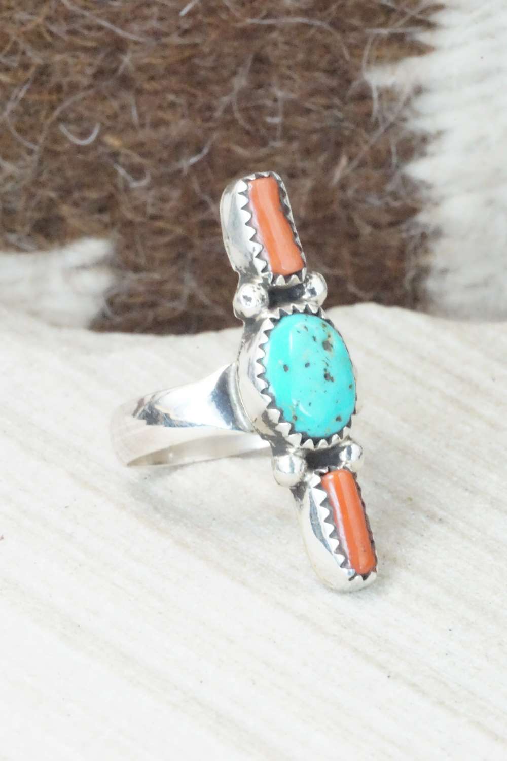 Turquoise, Coral & Sterling Silver Ring - Priscilla Reeder - Size 7.25