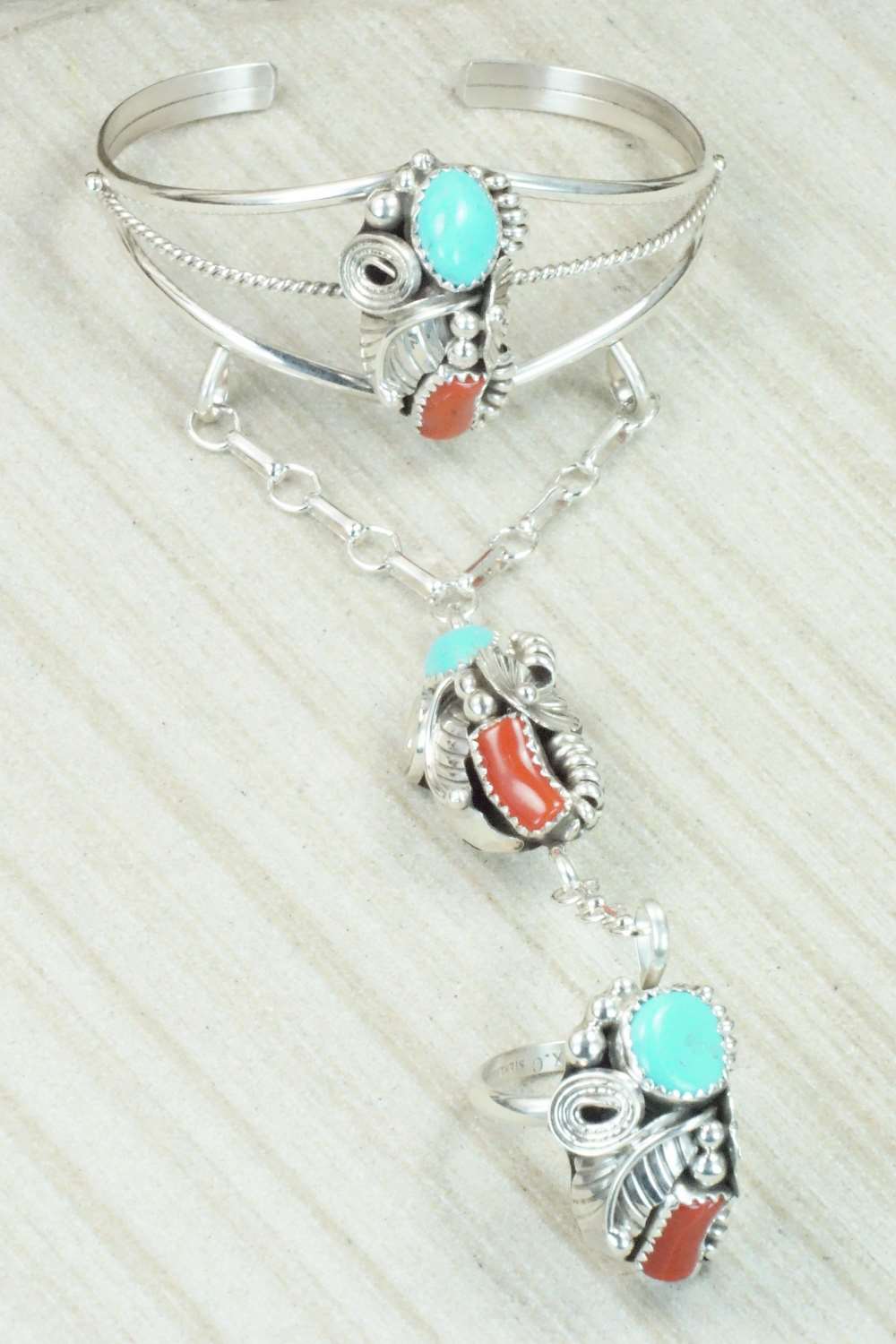 Turquoise & Coral Bracelet and Ring - Max Calladitto - Size 7.5