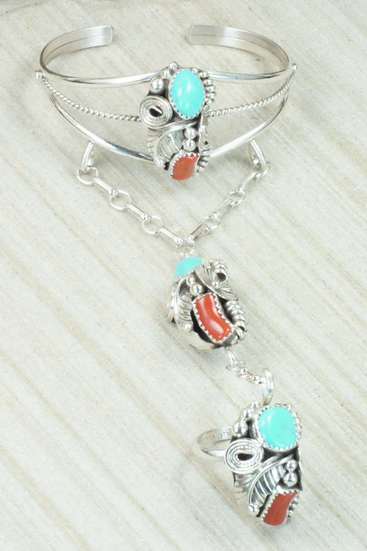 Turquoise & Coral Bracelet and Ring - Max Calladitto - Size 7.5