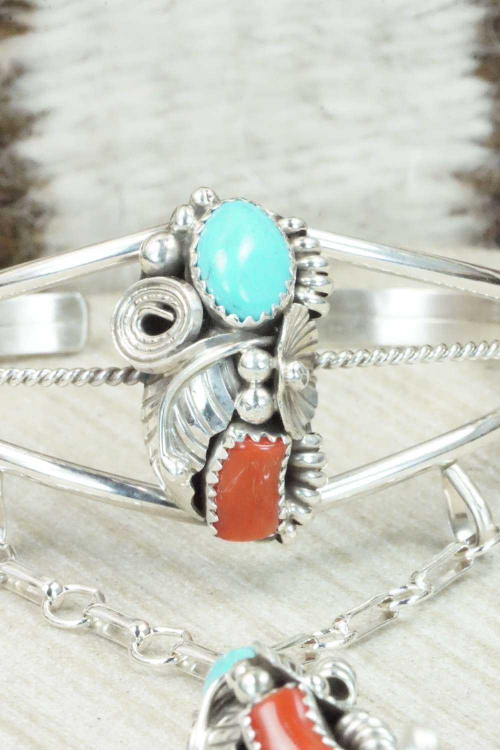 Turquoise & Coral Bracelet and Ring - Max Calladitto - Size 7.5