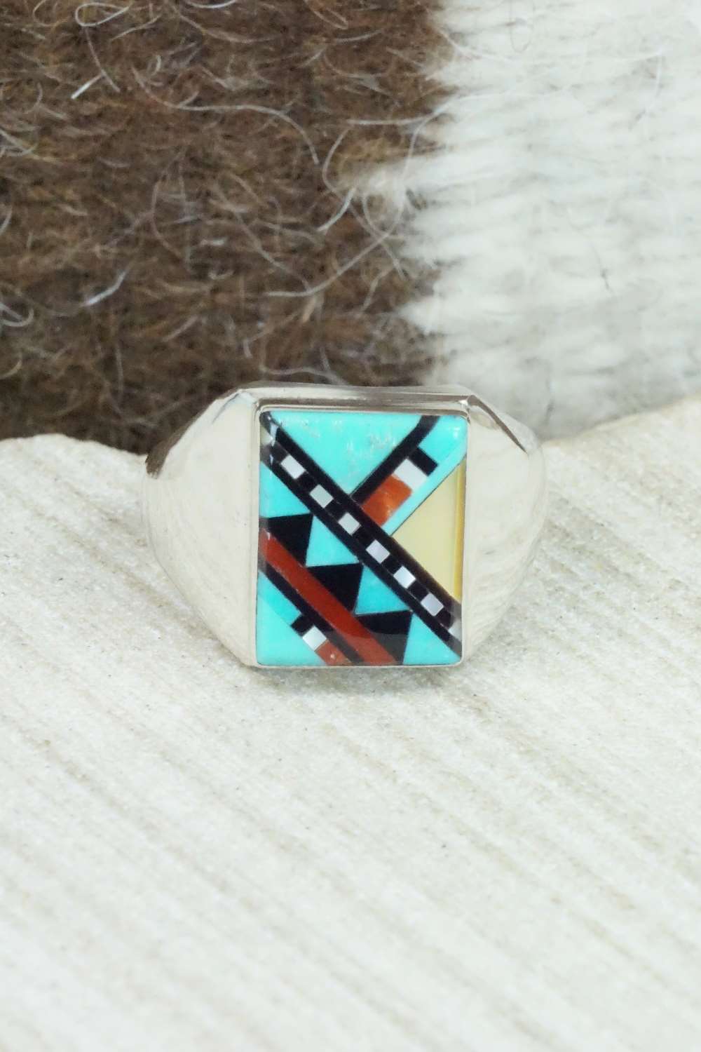 Multi Stone & Sterling Silver Ring - Herbert Kallestewa - Size 9.75