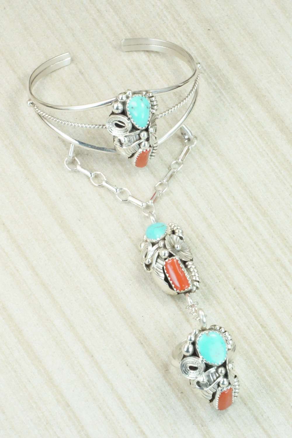 Turquoise & Coral Bracelet and Ring - Max Calladitto - Size 7.5