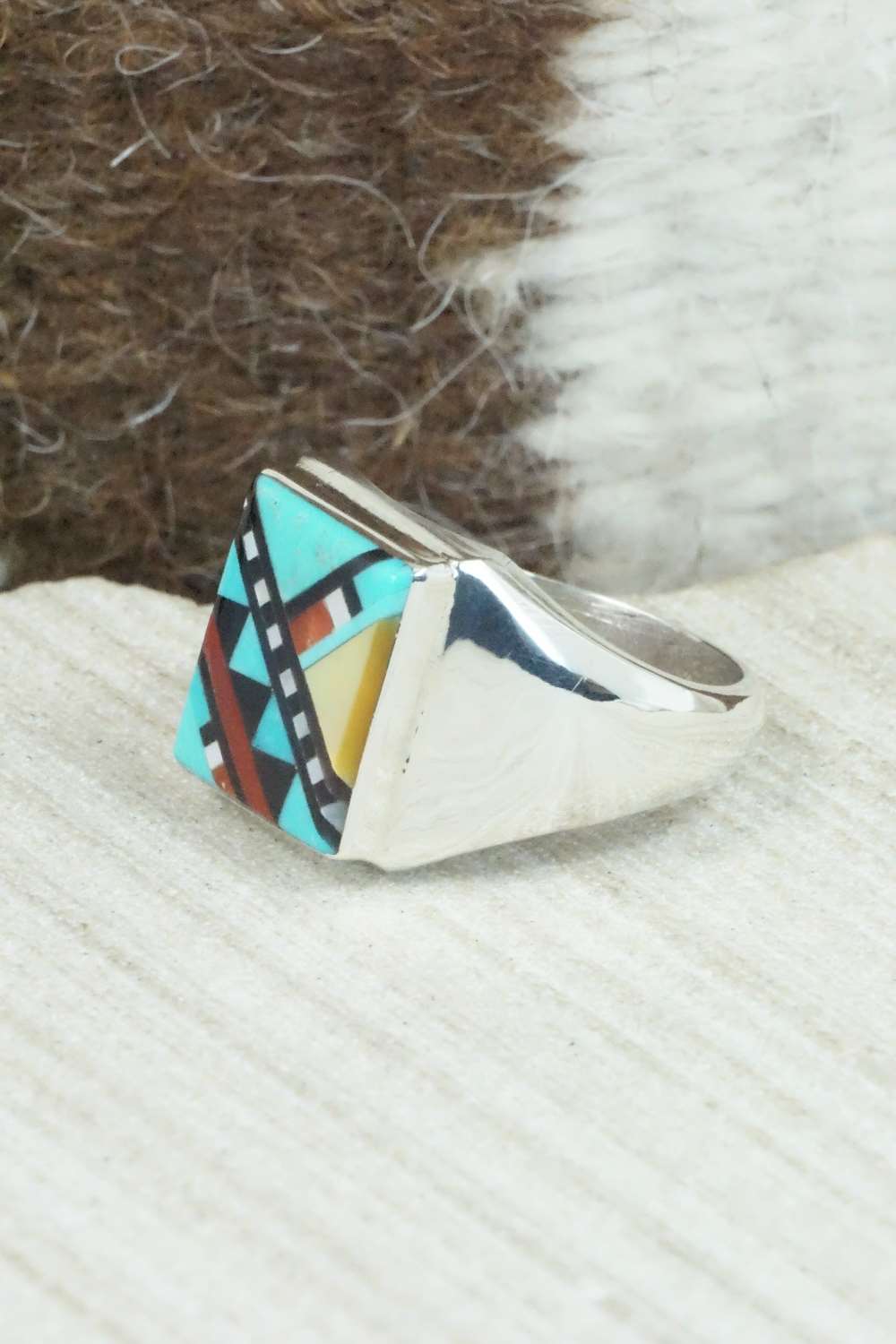 Multi Stone & Sterling Silver Ring - Herbert Kallestewa - Size 9.75