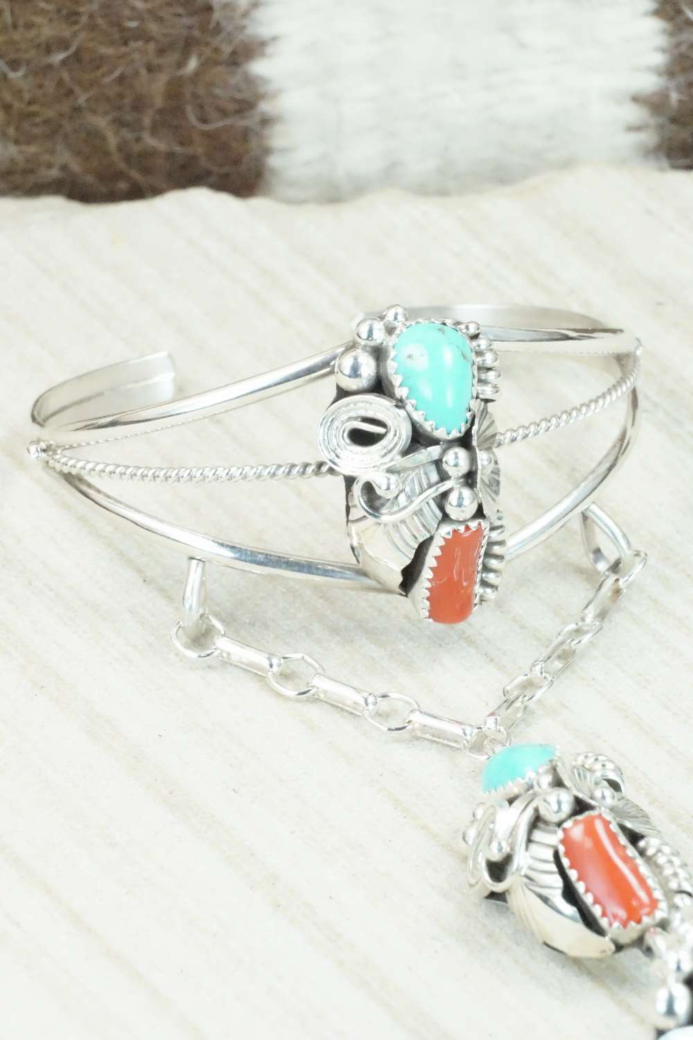 Turquoise & Coral Bracelet and Ring - Max Calladitto - Size 7.5