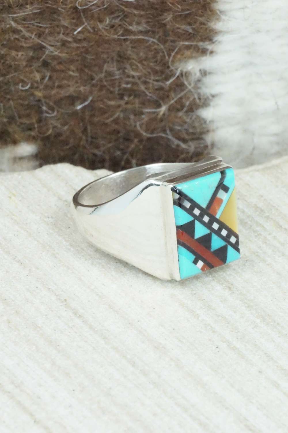 Multi Stone & Sterling Silver Ring - Herbert Kallestewa - Size 9.75
