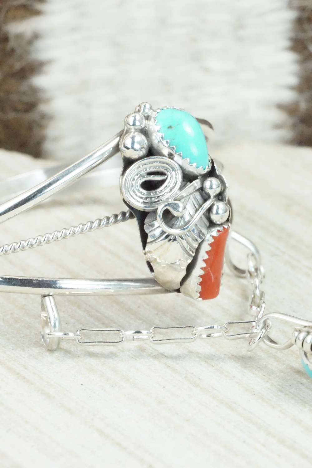 Turquoise & Coral Bracelet and Ring - Max Calladitto - Size 7.5