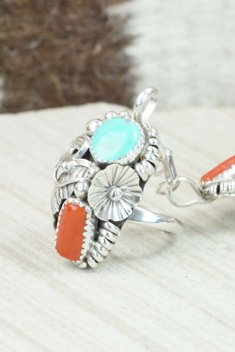 Turquoise & Coral Bracelet and Ring - Max Calladitto - Size 7.5