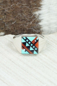 Multi Stone & Sterling Silver Ring - Herbert Kallestewa - Size 9.5
