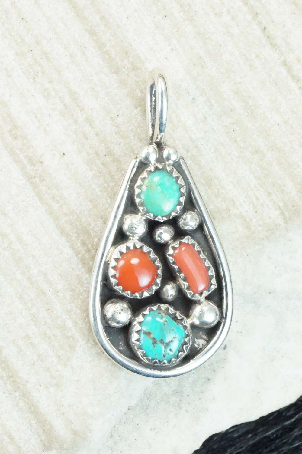 Turquoise, Coral & Sterling Silver Pendant - Priscilla Reeder