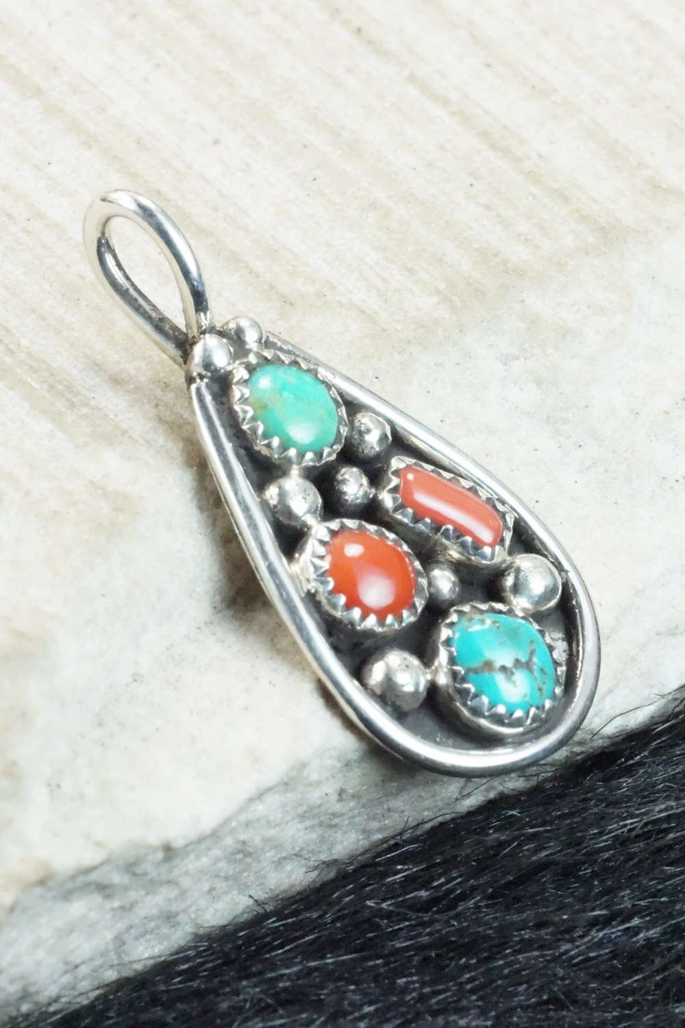 Turquoise, Coral & Sterling Silver Pendant - Priscilla Reeder