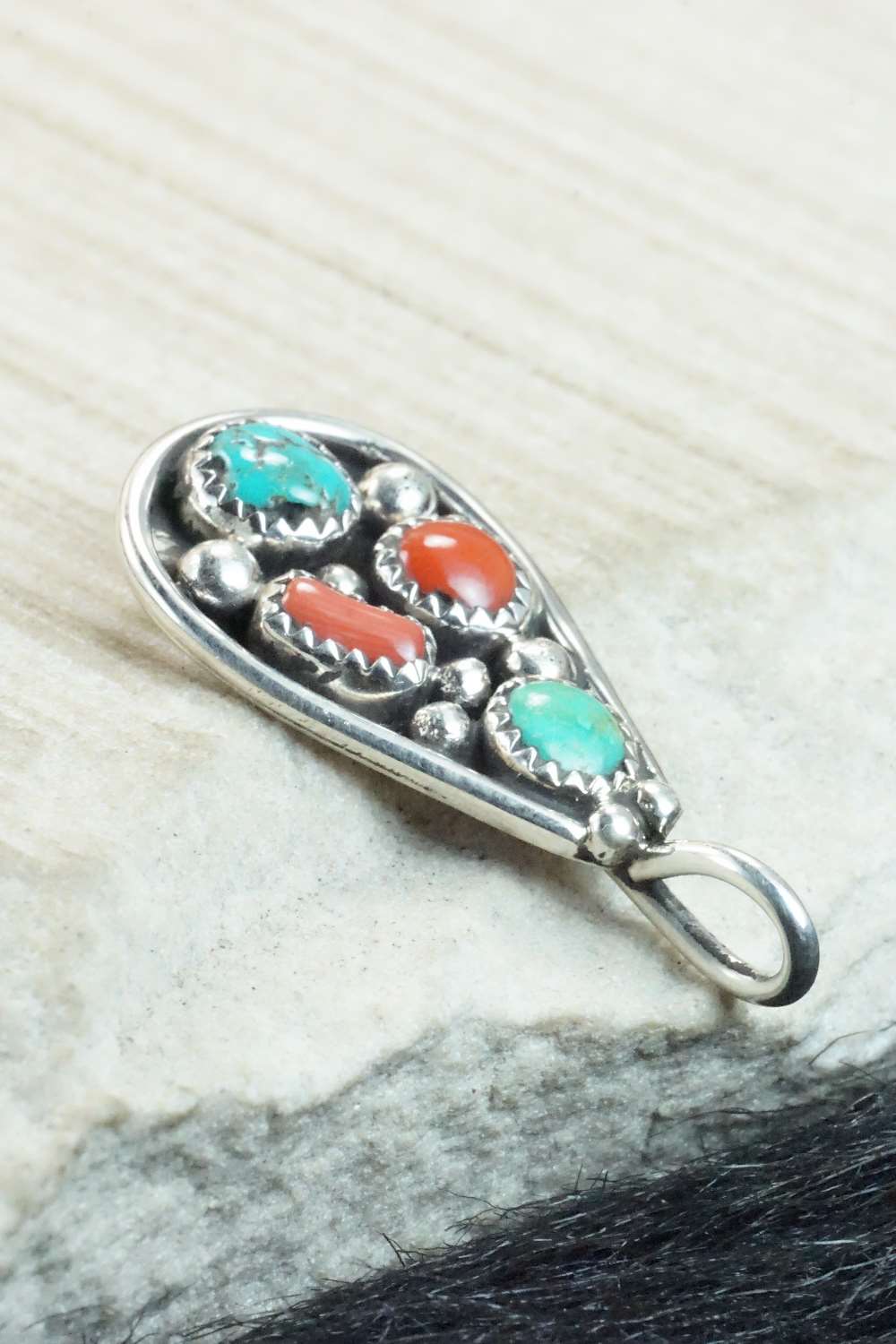 Turquoise, Coral & Sterling Silver Pendant - Priscilla Reeder