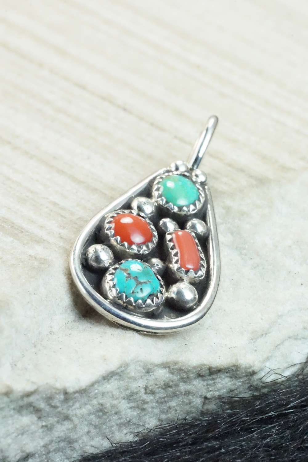 Turquoise, Coral & Sterling Silver Pendant - Priscilla Reeder
