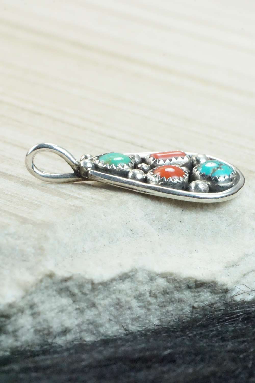 Turquoise, Coral & Sterling Silver Pendant - Priscilla Reeder