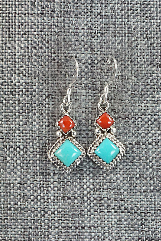 Turquoise & Coral Sterling Silver Earrings - Verley Betone