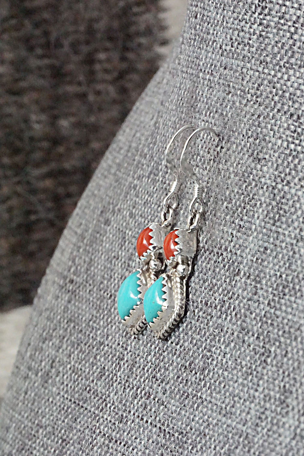 Turquoise & Coral Sterling Silver Earrings - Verley Betone