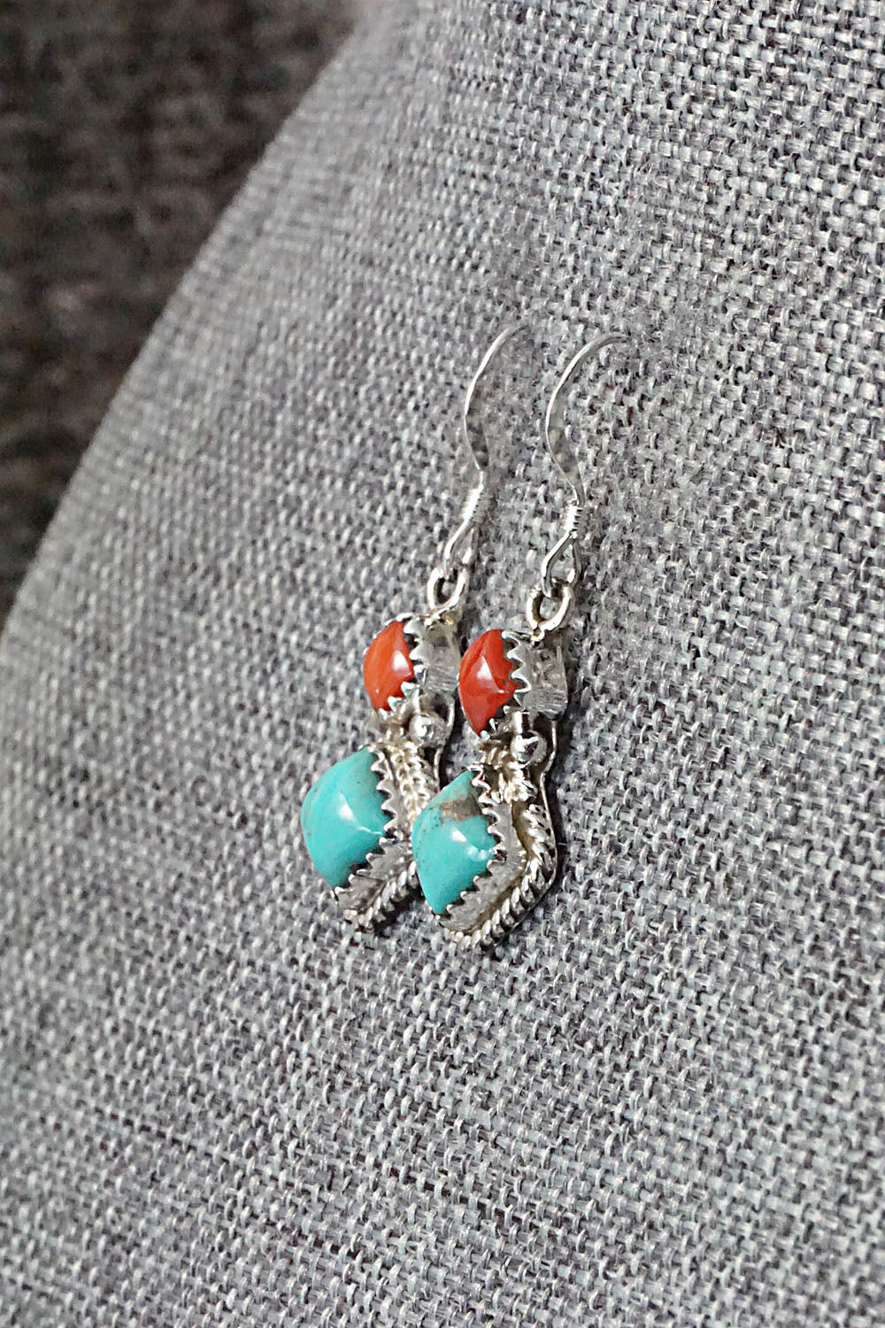 Turquoise & Coral Sterling Silver Earrings - Verley Betone