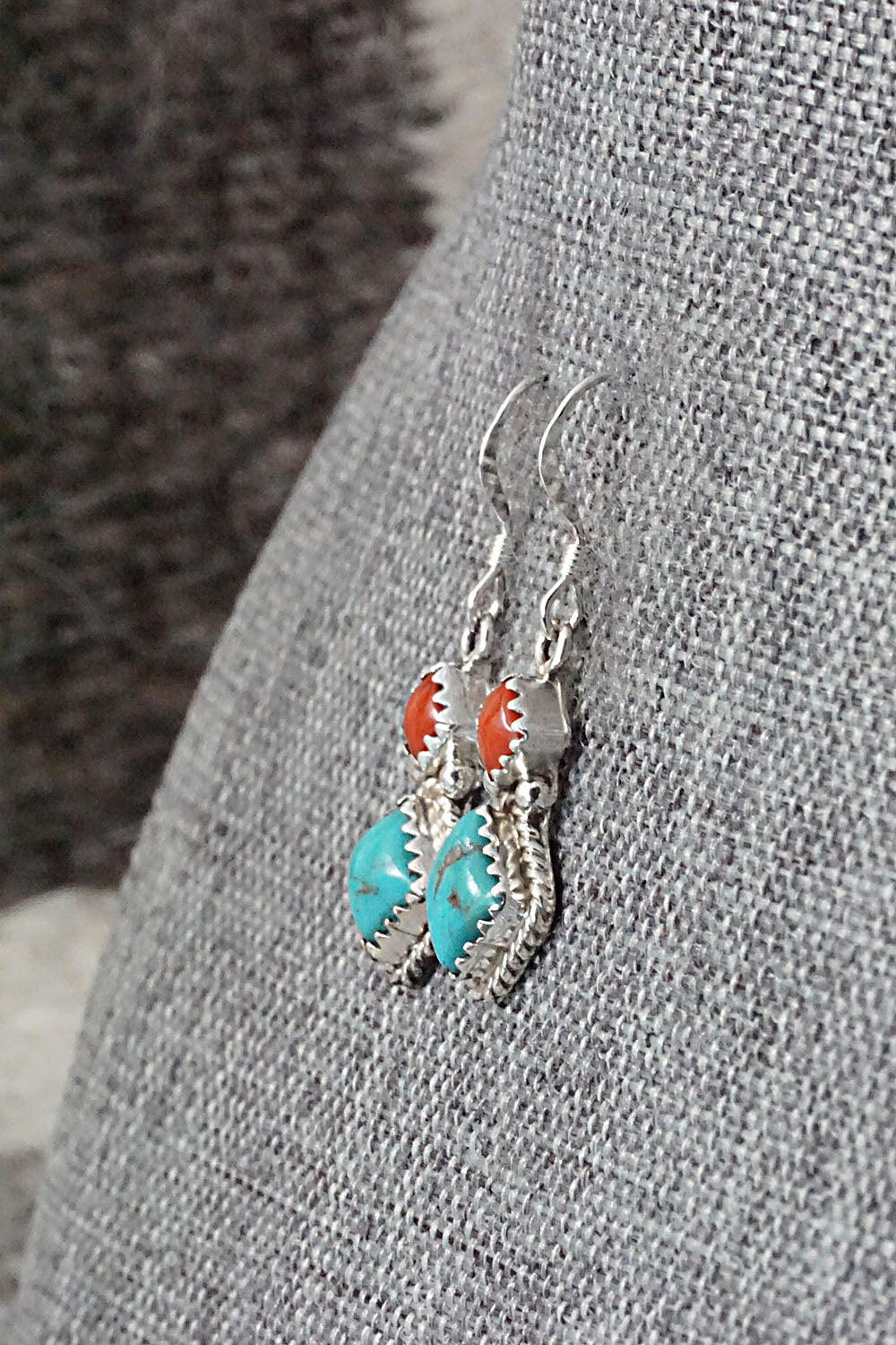 Turquoise & Coral Sterling Silver Earrings - Verley Betone