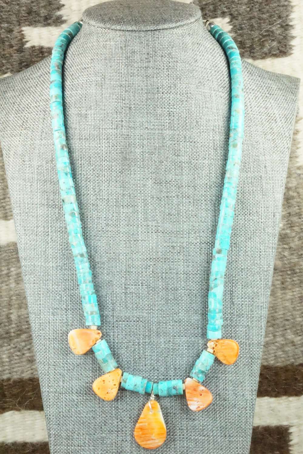 Turquoise, Spiny Oyster & Sterling Silver Necklace - Joann Garcia