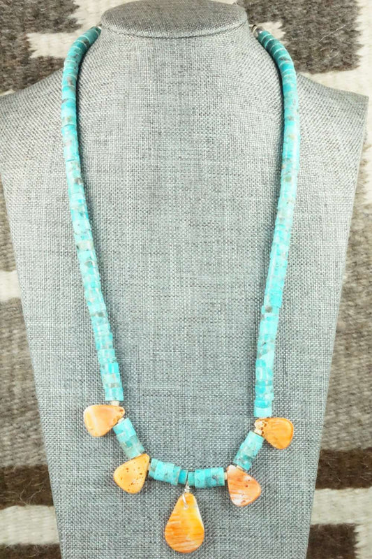Turquoise, Spiny Oyster & Sterling Silver Necklace - Joann Garcia