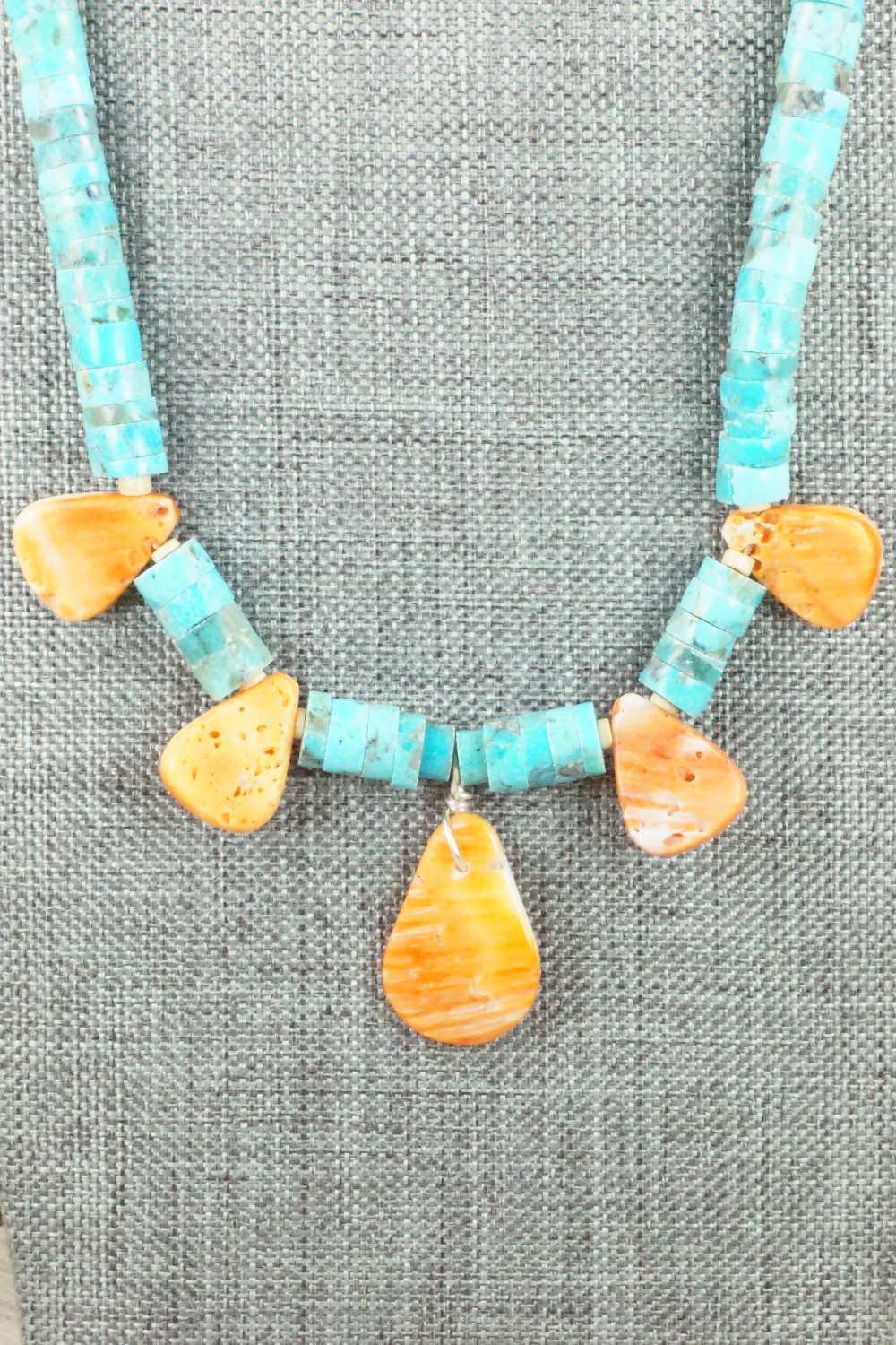 Turquoise, Spiny Oyster & Sterling Silver Necklace - Joann Garcia