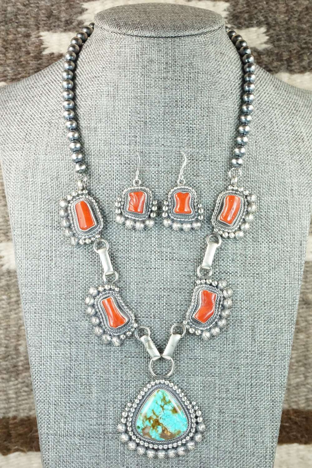 Turquoise, Coral & Sterling Silver Necklace and Earrings - Tom Lewis