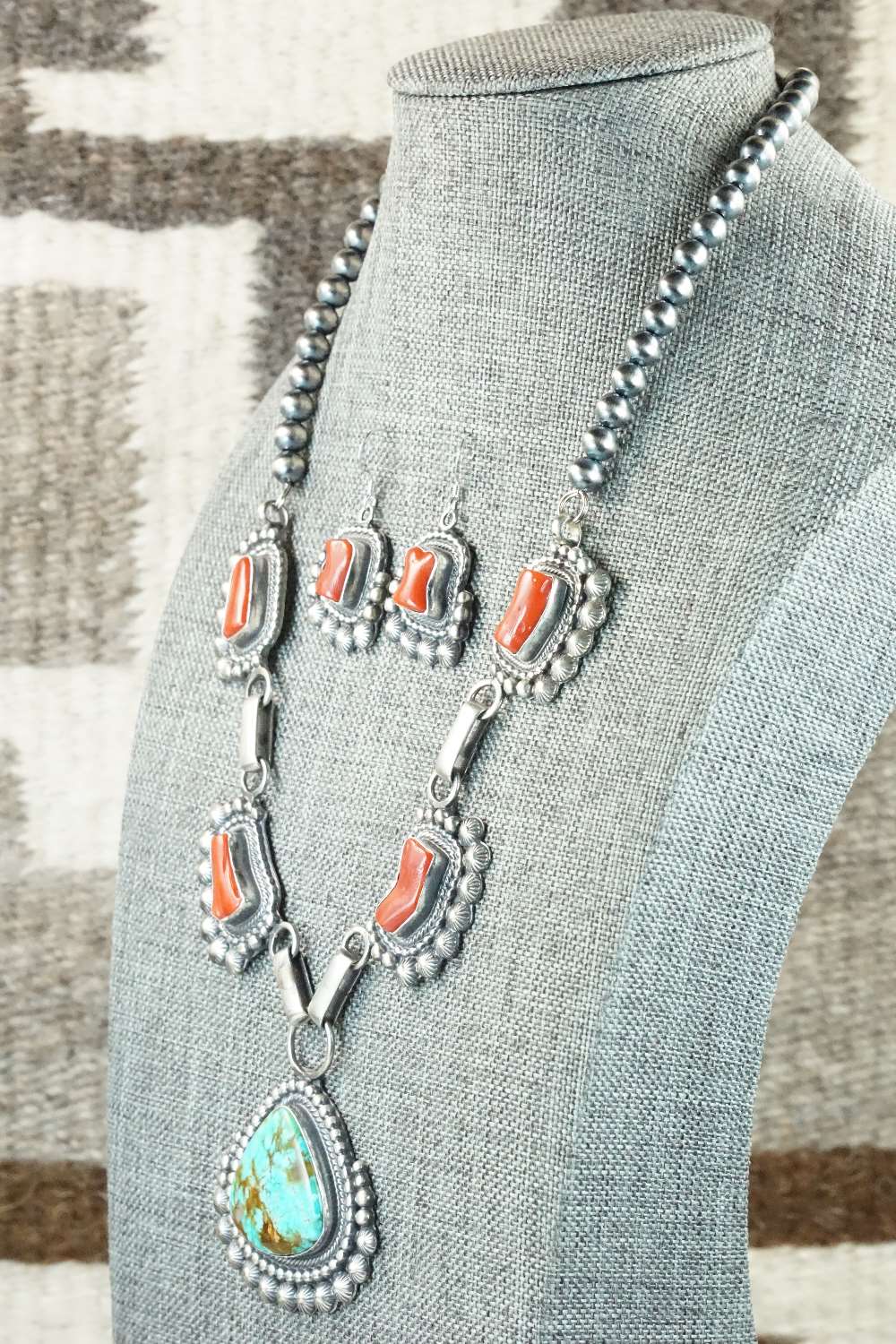 Turquoise, Coral & Sterling Silver Necklace and Earrings - Tom Lewis