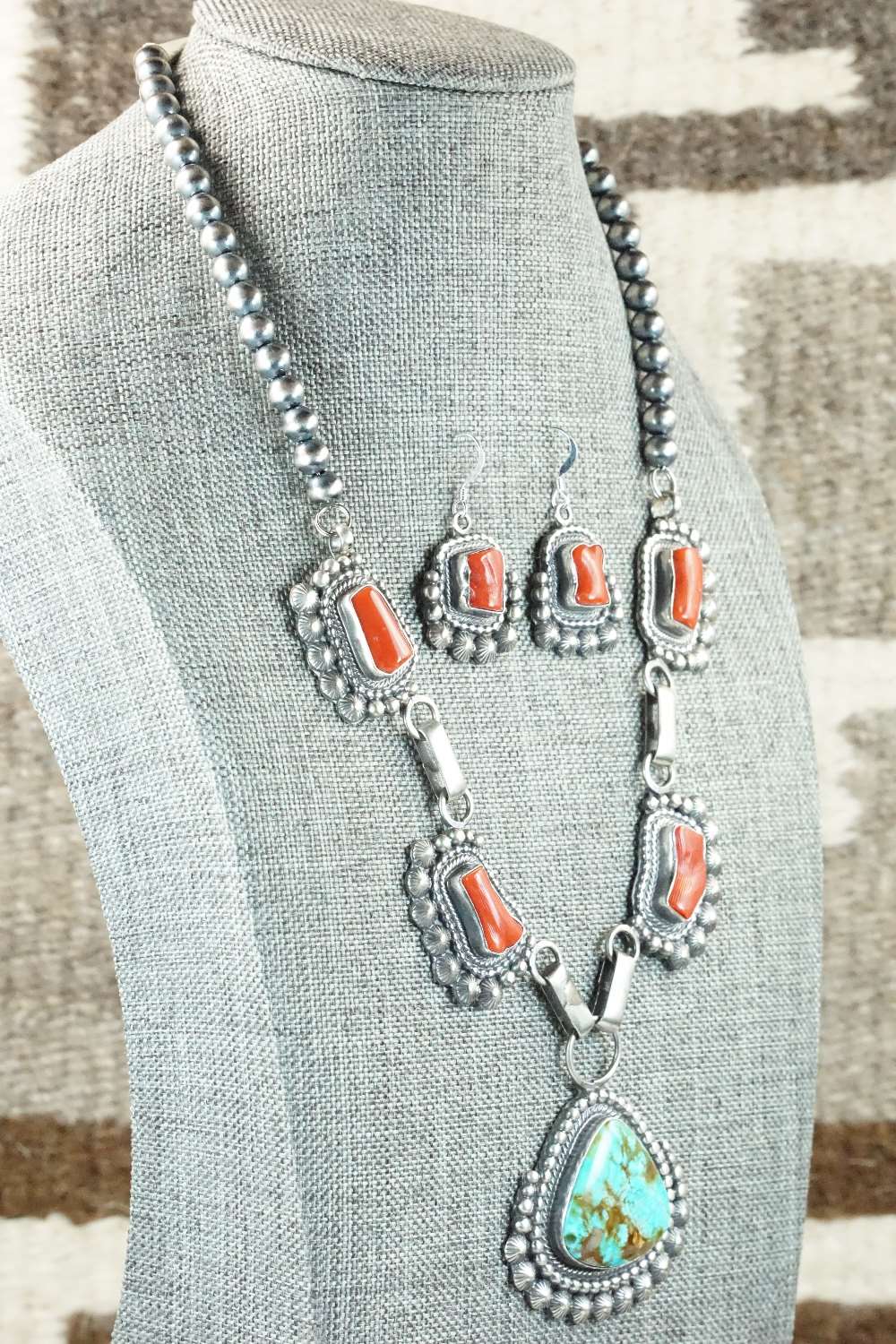 Turquoise, Coral & Sterling Silver Necklace and Earrings - Tom Lewis