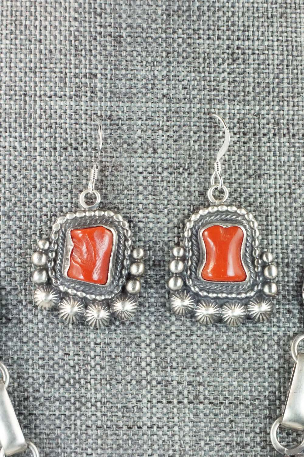 Turquoise, Coral & Sterling Silver Necklace and Earrings - Tom Lewis