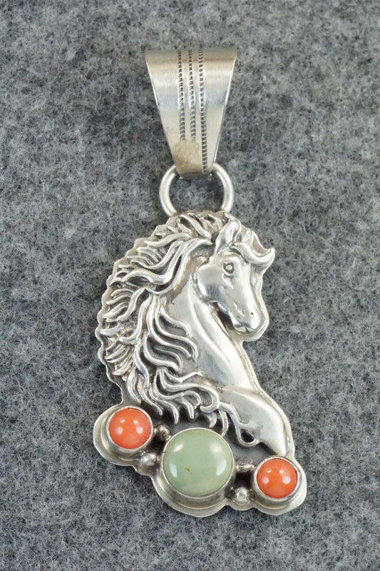 Turquoise, Coral & Sterling Silver Pendant - Navajo