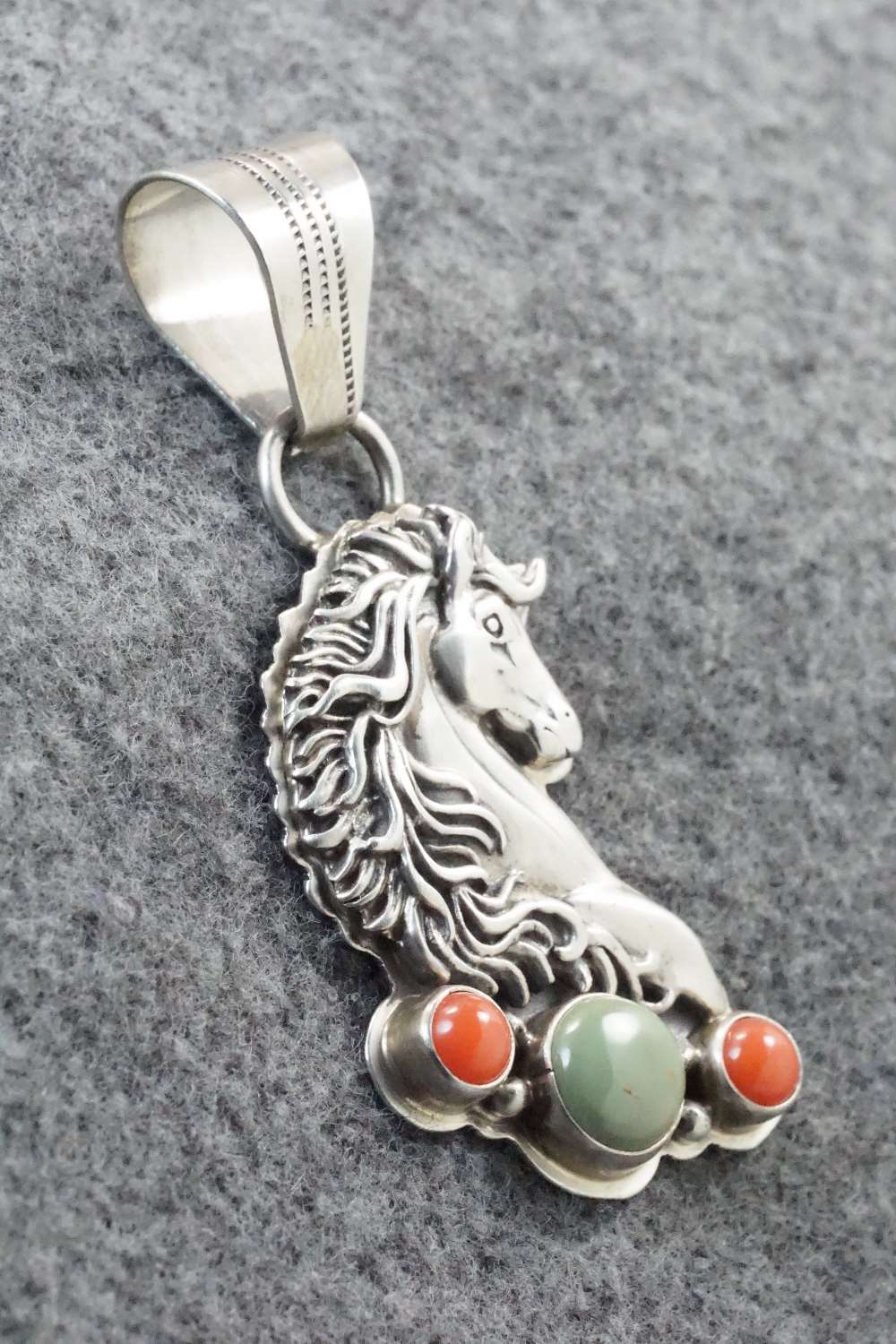 Turquoise, Coral & Sterling Silver Pendant - Navajo