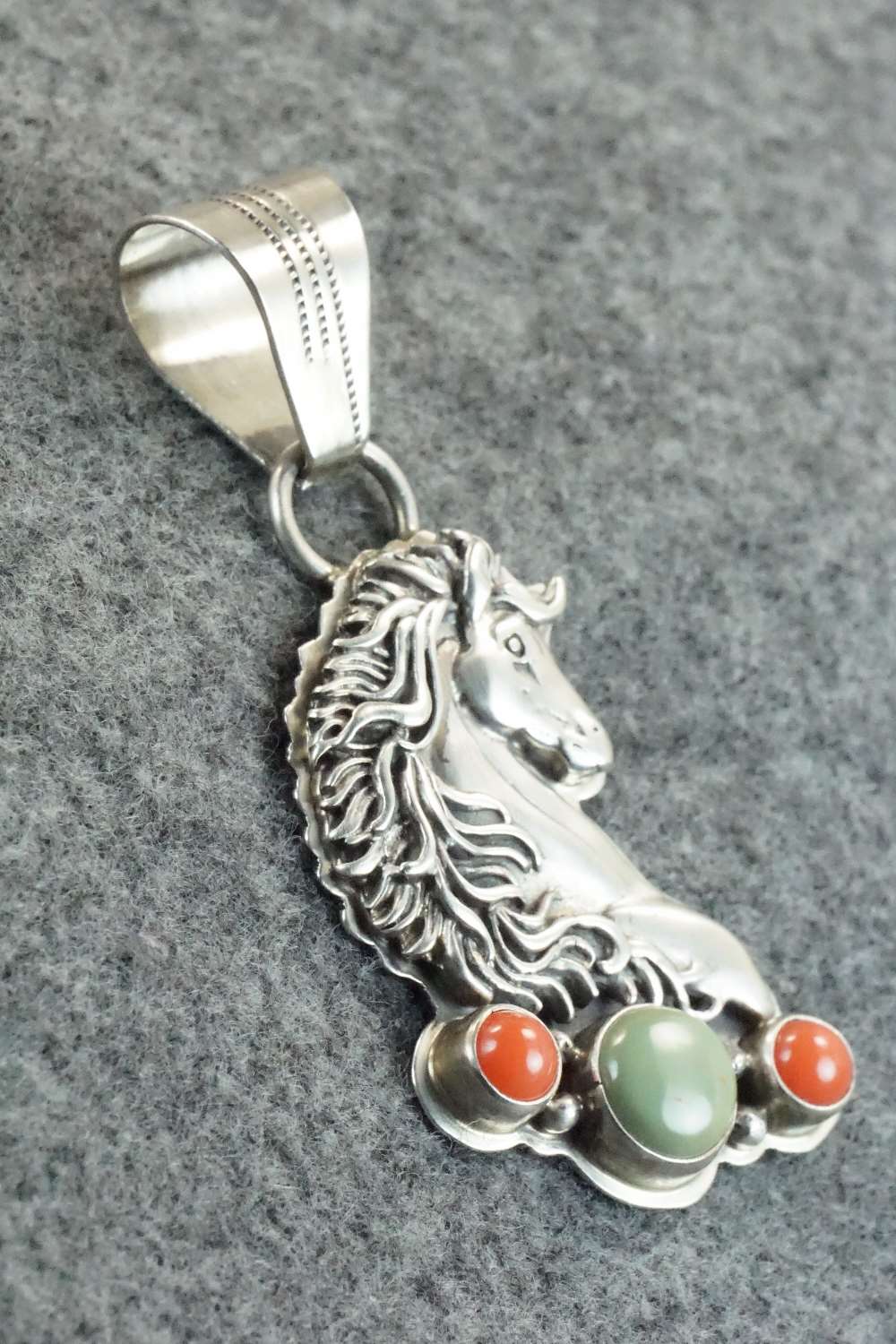 Turquoise, Coral & Sterling Silver Pendant - Navajo
