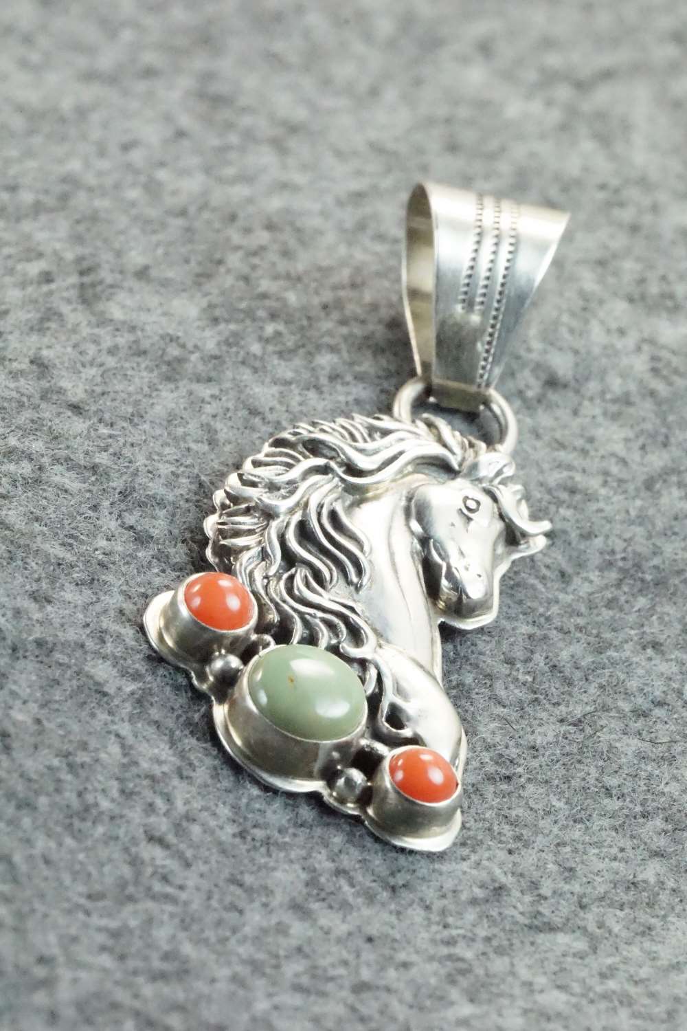 Turquoise, Coral & Sterling Silver Pendant - Navajo