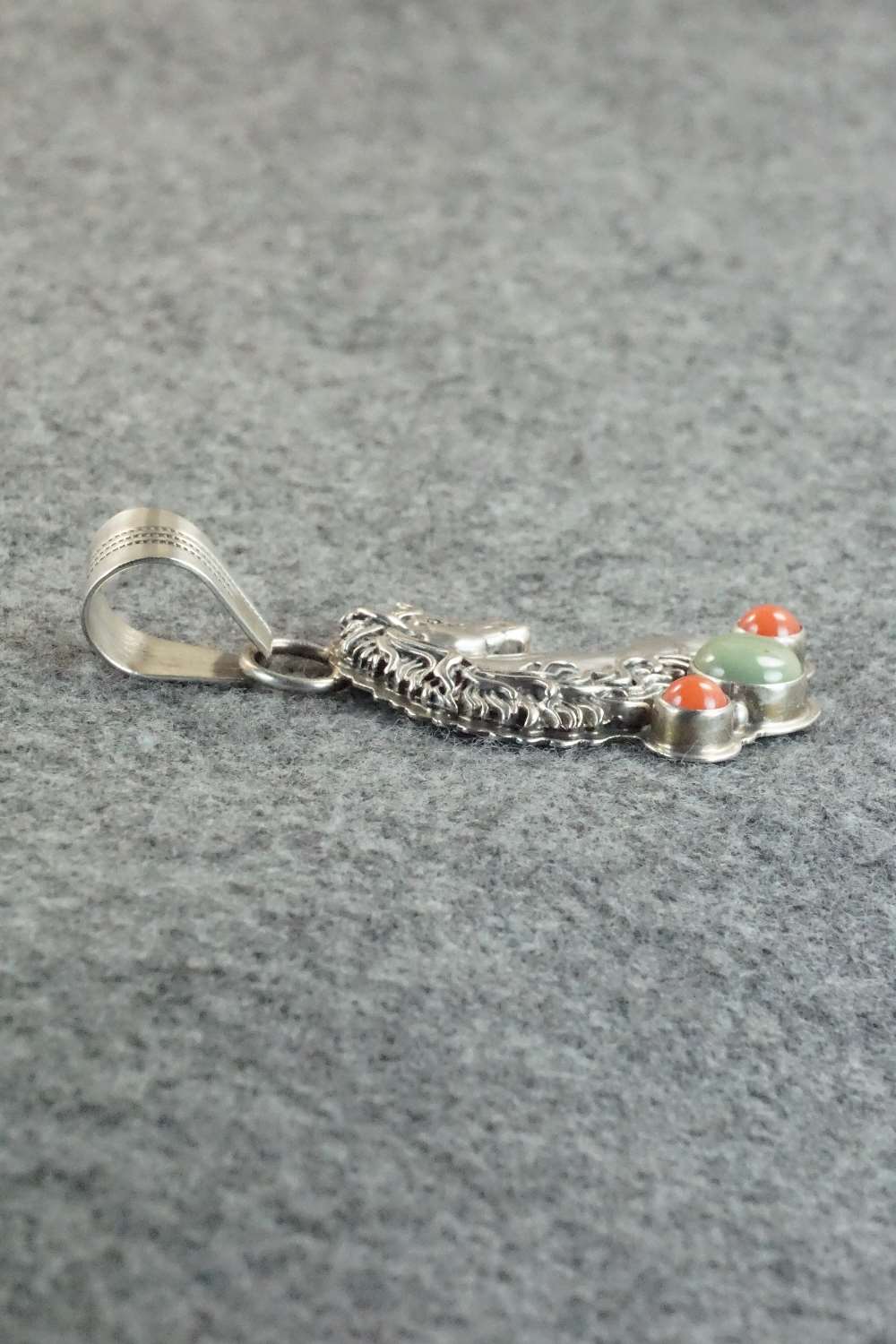 Turquoise, Coral & Sterling Silver Pendant - Navajo