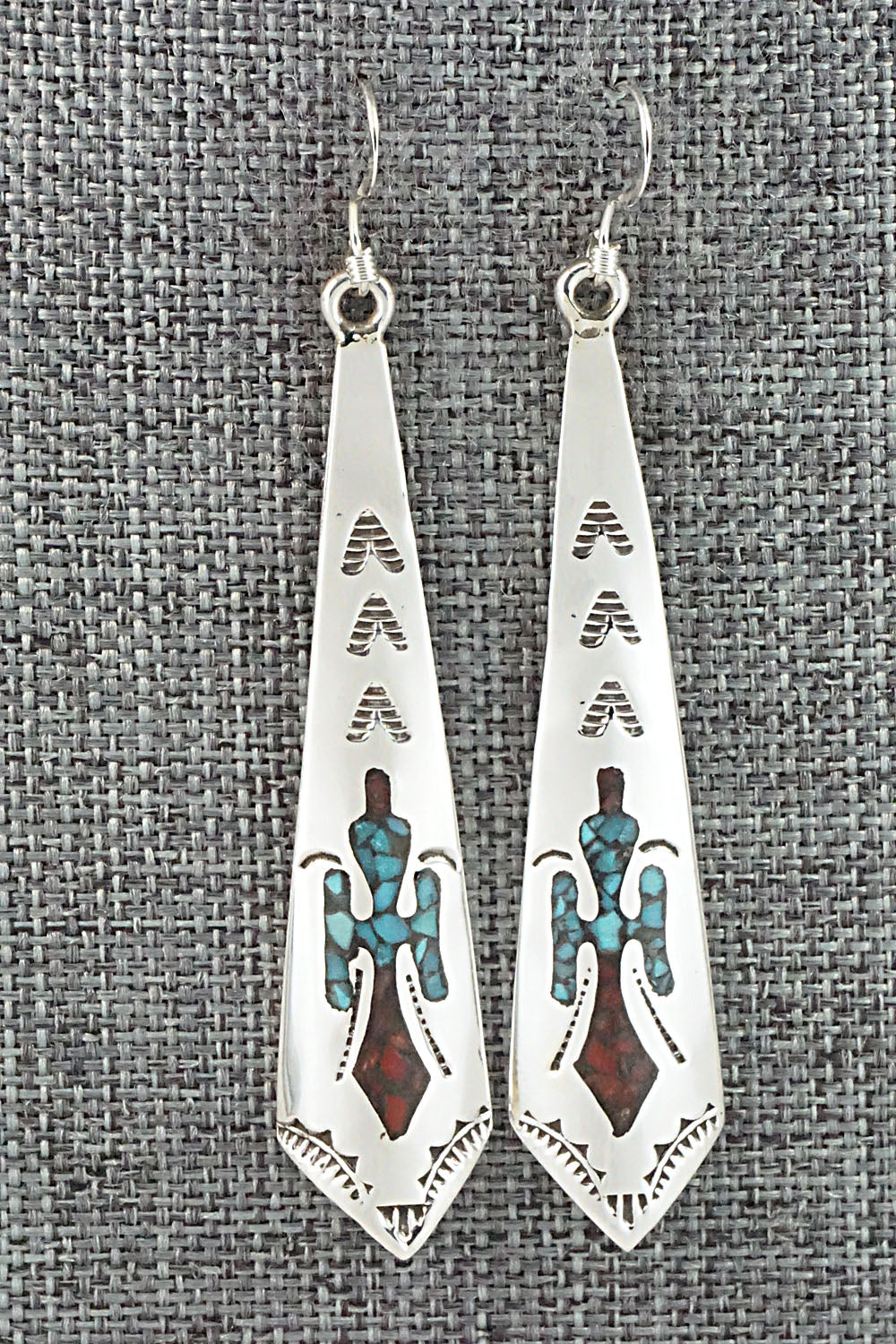 Turquoise & Coral Chip Inlay Sterling Silver Earrings - Jolene Yazzie