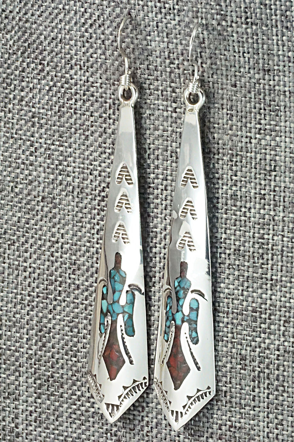 Turquoise & Coral Chip Inlay Sterling Silver Earrings - Jolene Yazzie