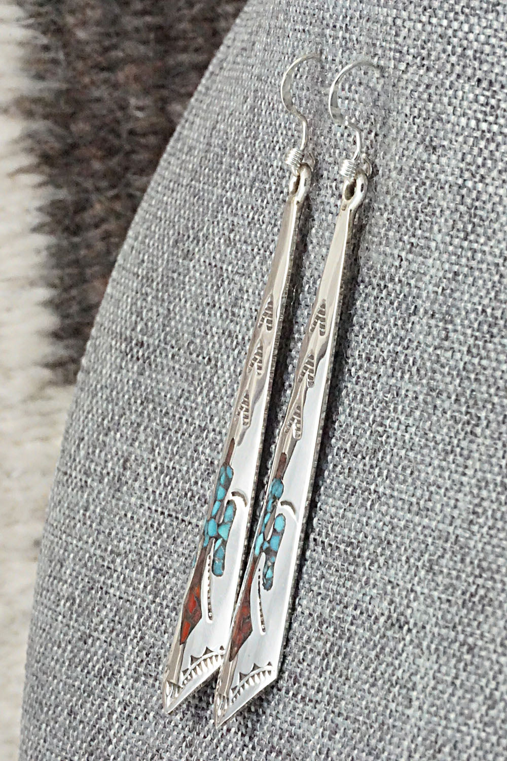 Turquoise & Coral Chip Inlay Sterling Silver Earrings - Jolene Yazzie