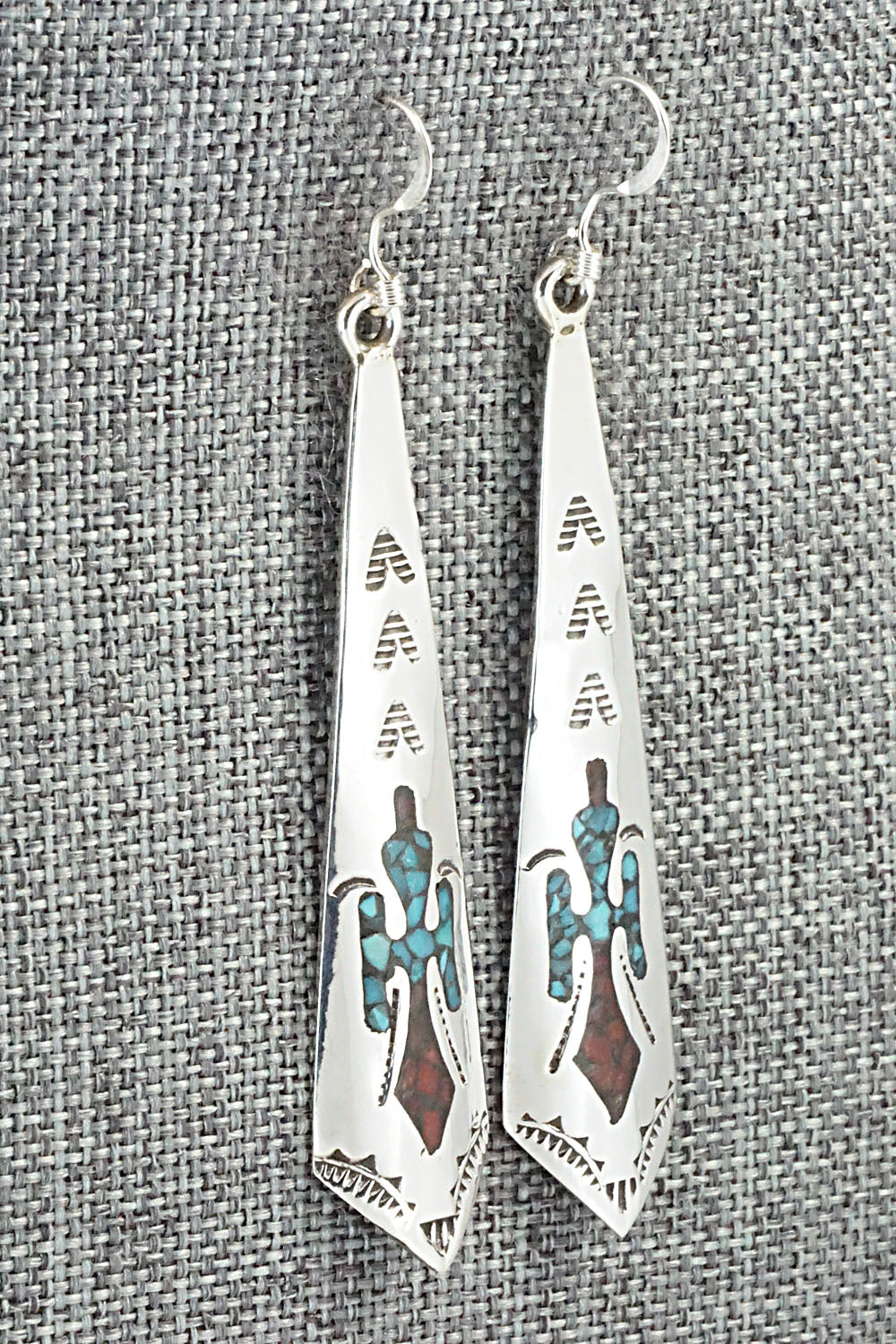Turquoise & Coral Chip Inlay Sterling Silver Earrings - Jolene Yazzie
