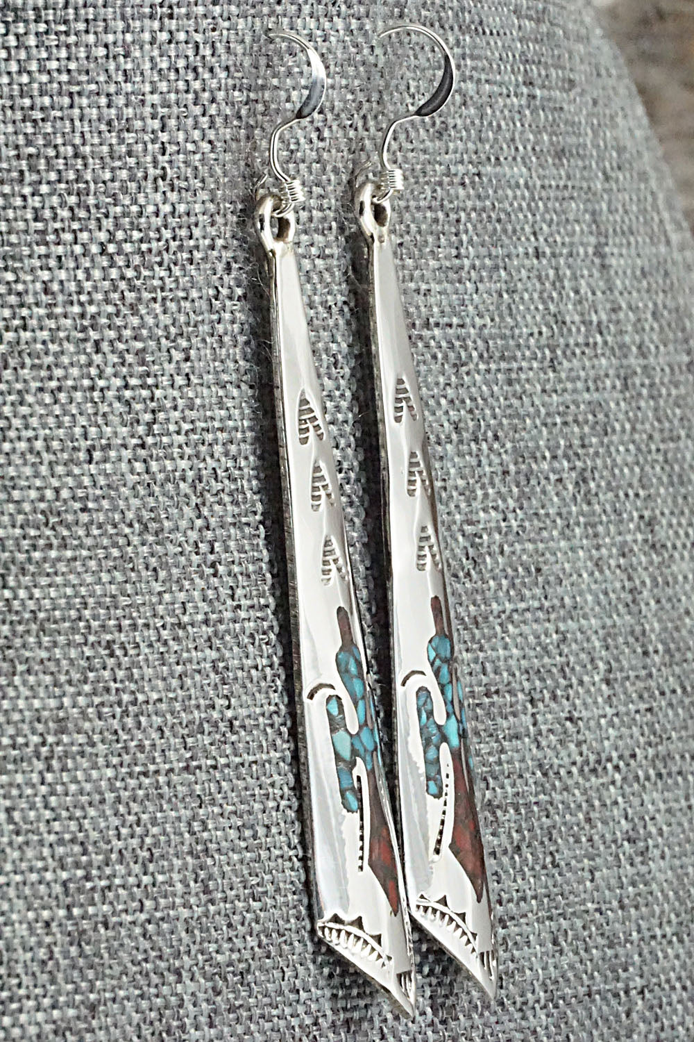 Turquoise & Coral Chip Inlay Sterling Silver Earrings - Jolene Yazzie