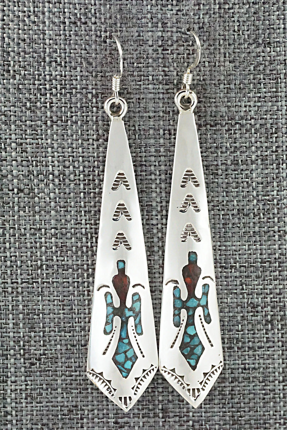 Turquoise & Coral Chip Inlay Sterling Silver Earrings - Jolene Yazzie