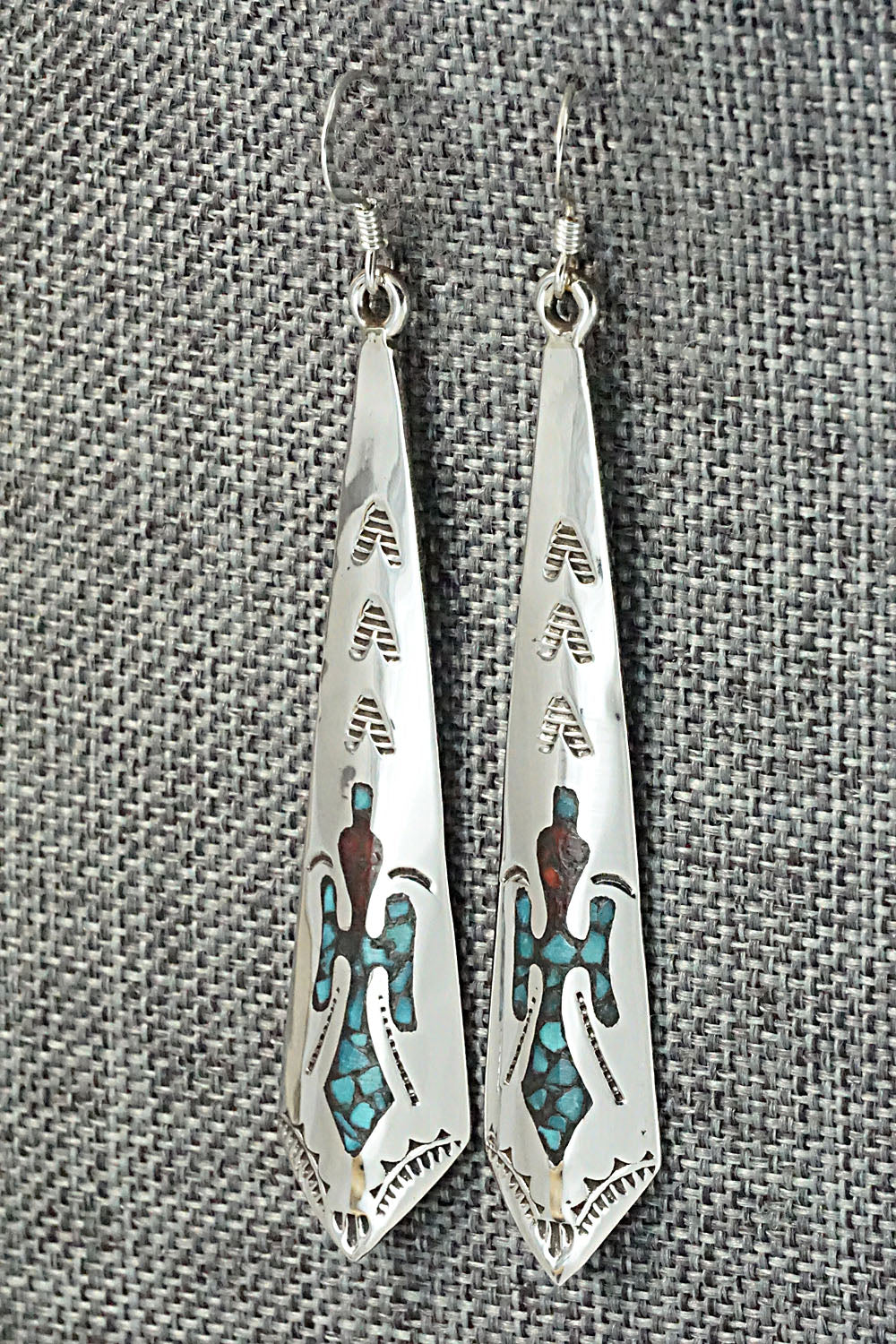 Turquoise & Coral Chip Inlay Sterling Silver Earrings - Jolene Yazzie